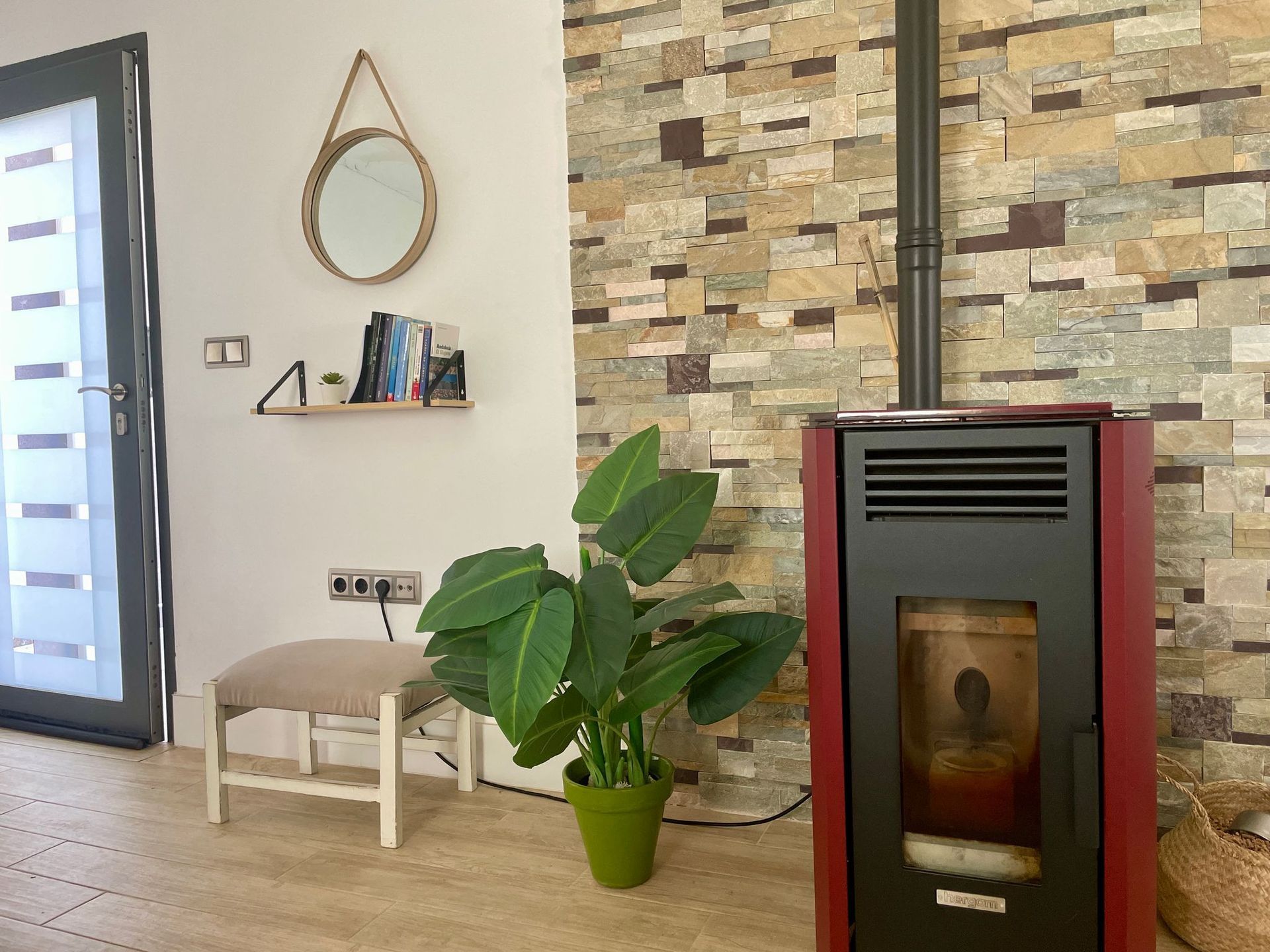 Una sala de estar con una estufa y una planta en maceta.