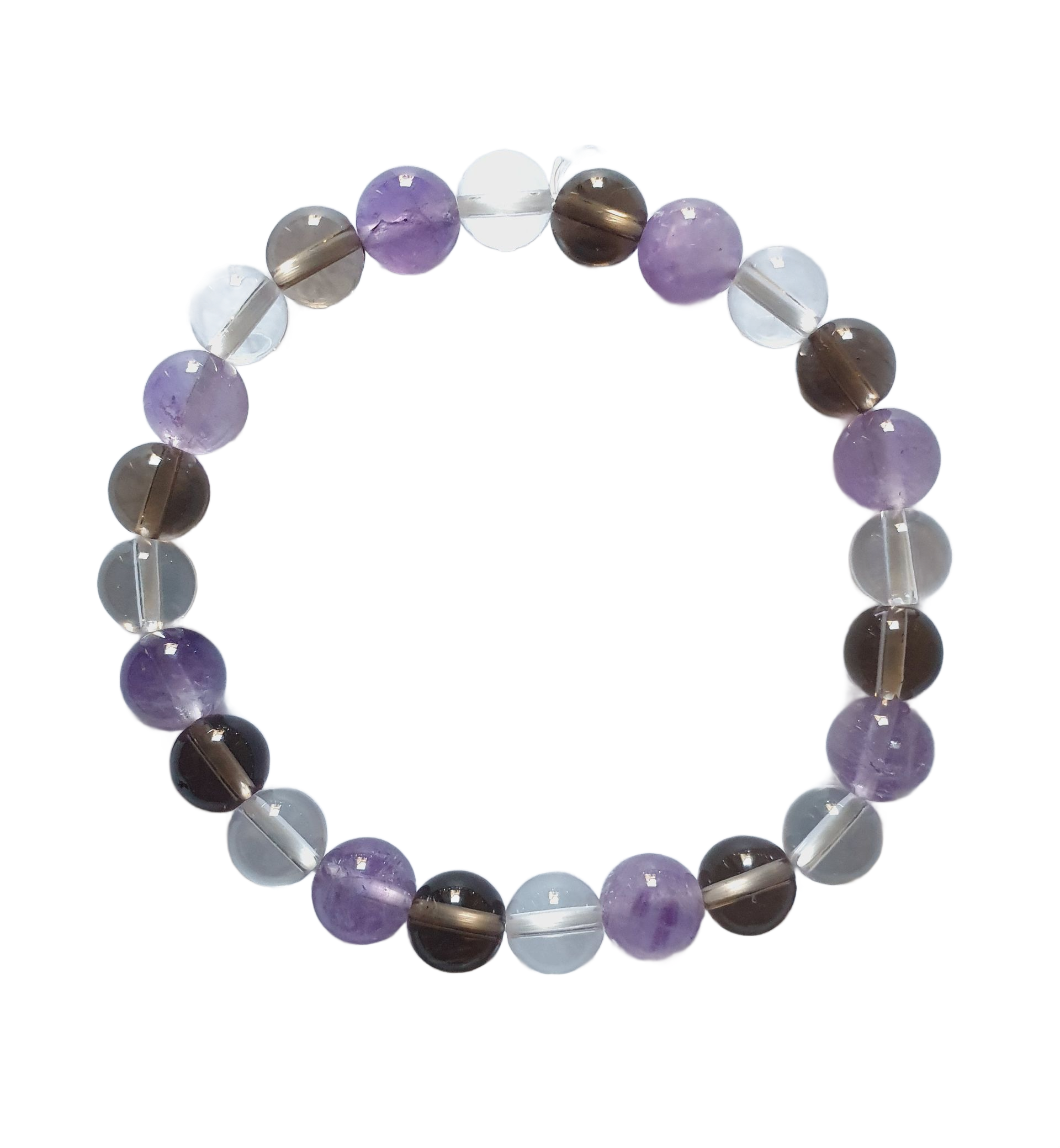 Bracelet de perles avec des perles de cristal violettes, grises et transparentes.