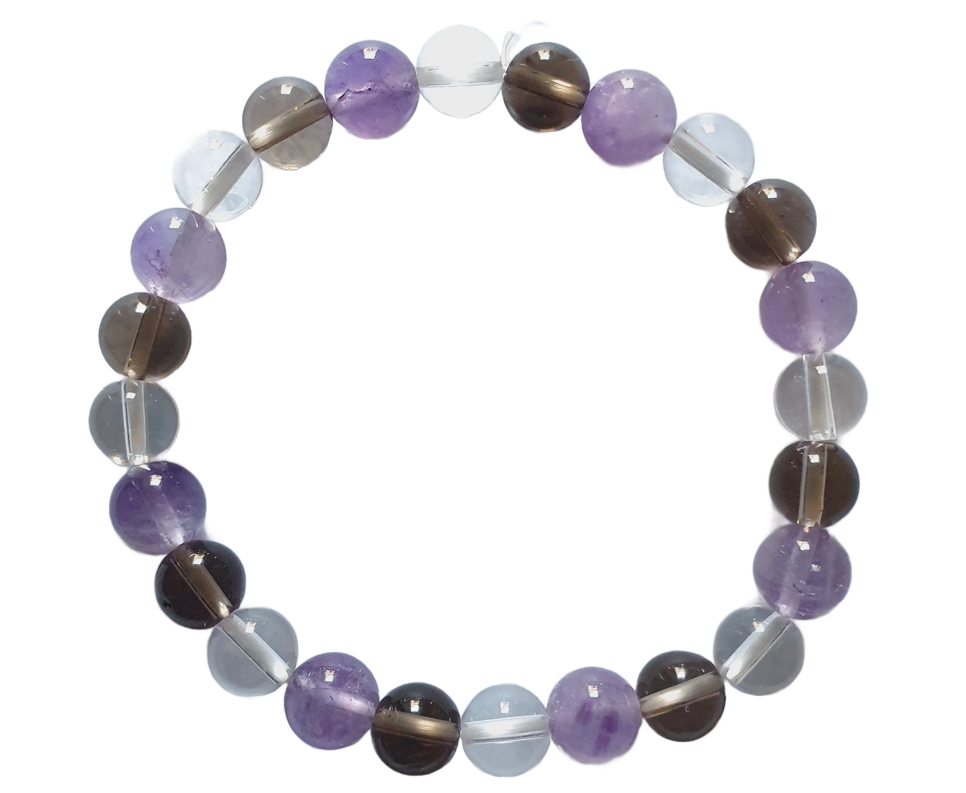 Bracelet de perles orné de pierres sphériques violettes, grises et transparentes.