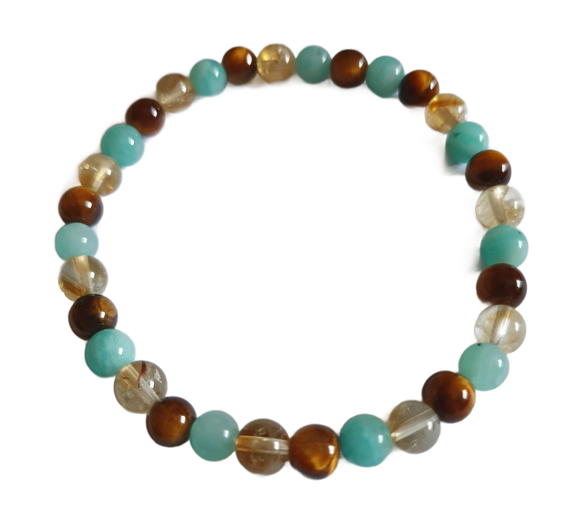 Bracelet de perles orné de pierres précieuses turquoise, brunes et jaune doré.