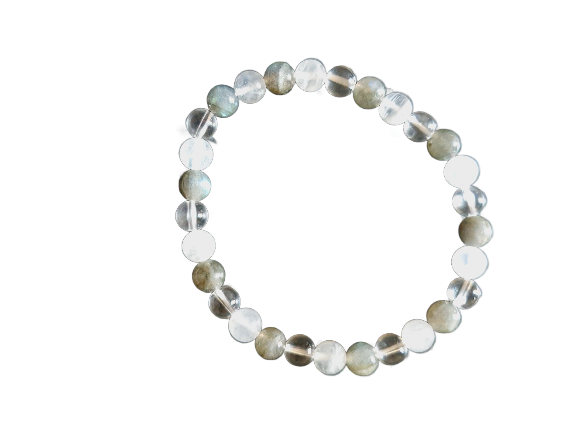 Bracelet de perles : alternance de pierres précieuses rondes transparentes et gris-vertes.