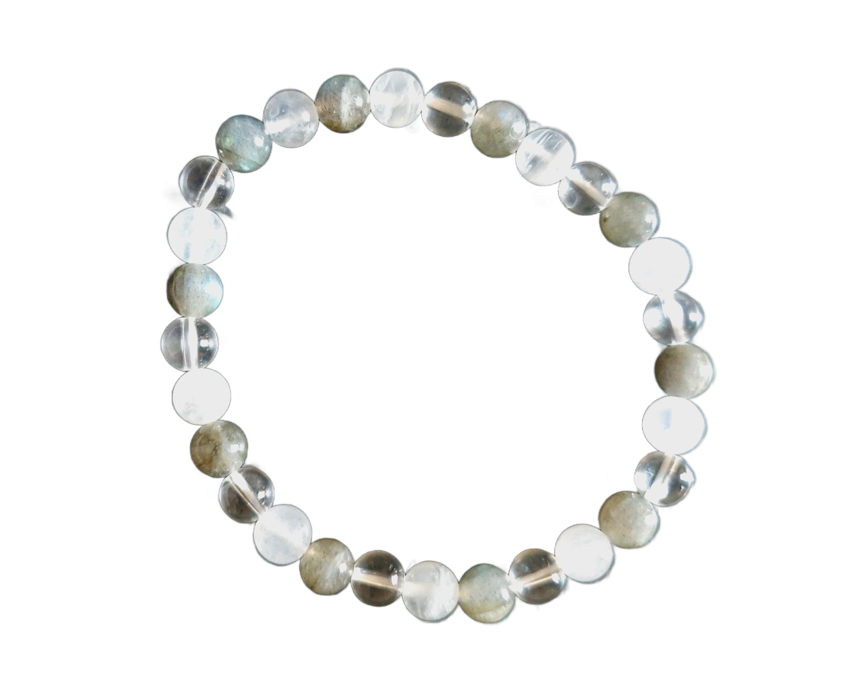 Bracelet élastique orné de perles de pierres précieuses transparentes et grises.