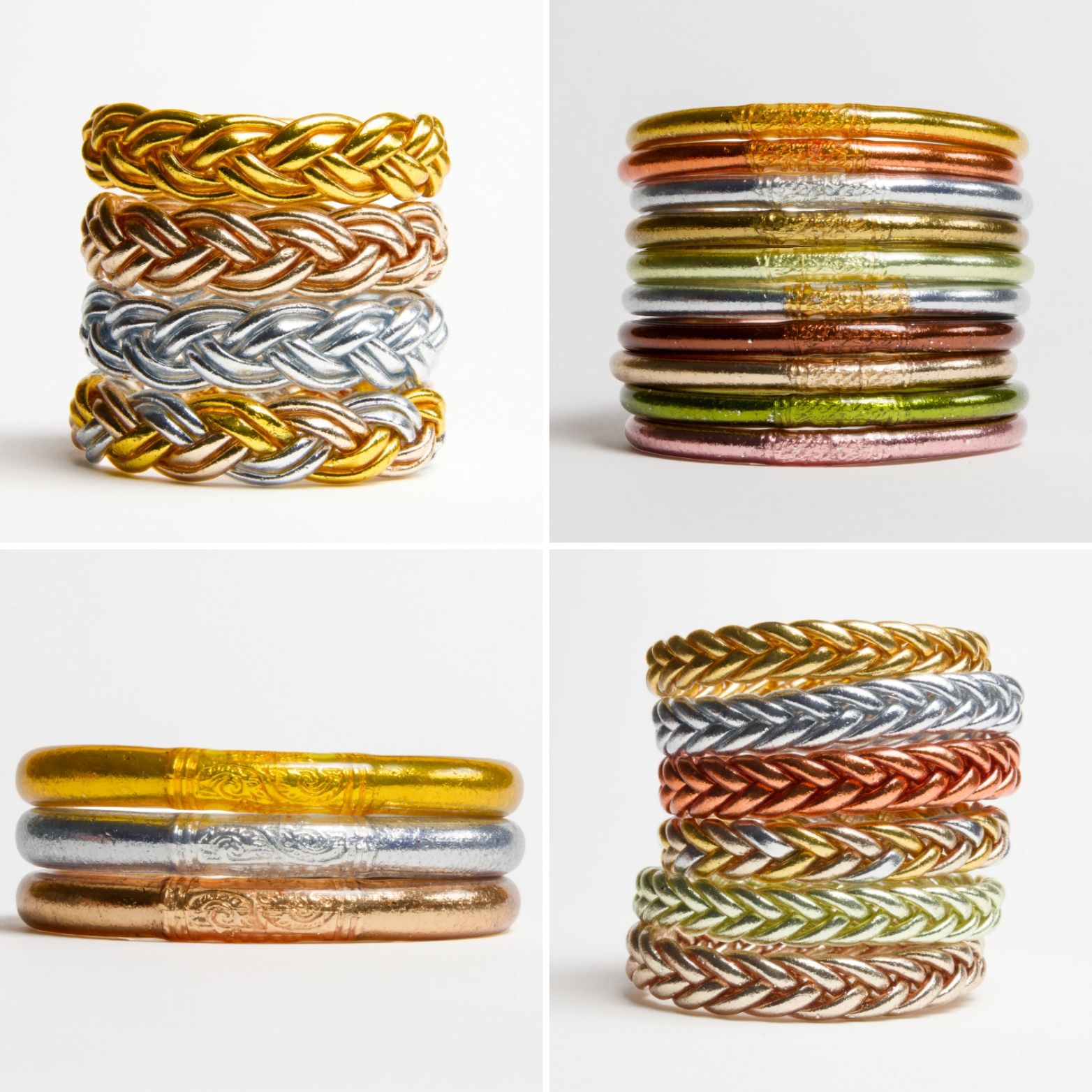 Quatre piles de bracelets.