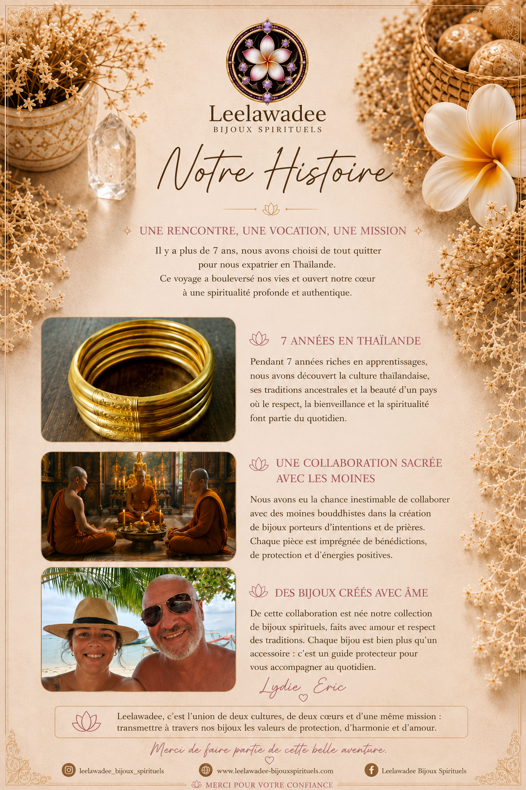 affiche racontant l'histoire des joncs bouddhistes importes par leelawadee bijoux spirituels