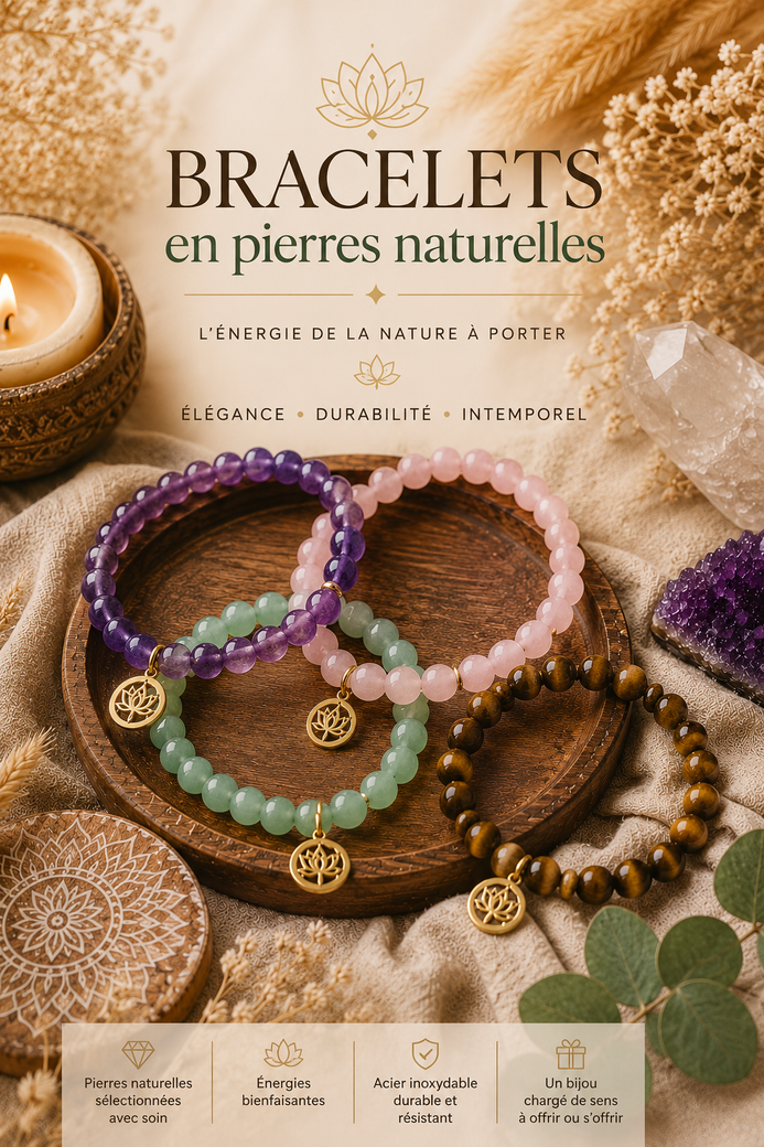 Bracelet de perles orné de pierres rose pâle et bleu-vert, posé sur une géode de cristal violet.