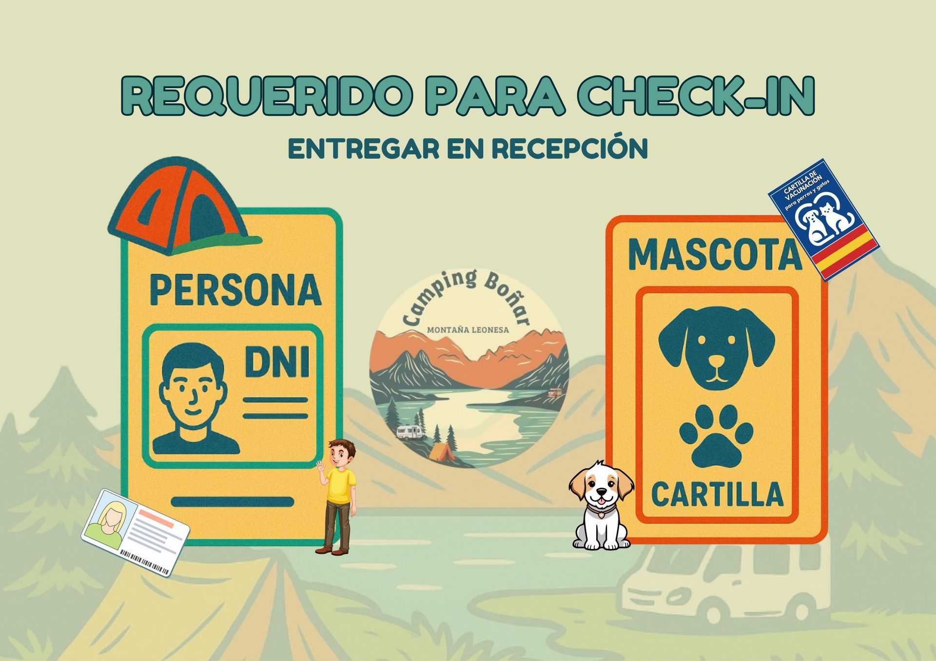 Señal de acampada: requisitos de registro. Mostrar identificación y cartilla de vacunación de la mascota. Ilustraciones de tienda de campaña y perro.