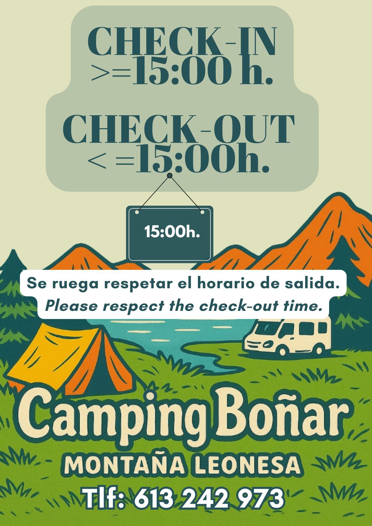 Cartel de camping con horarios de entrada y salida, montañas, lago y número de teléfono.