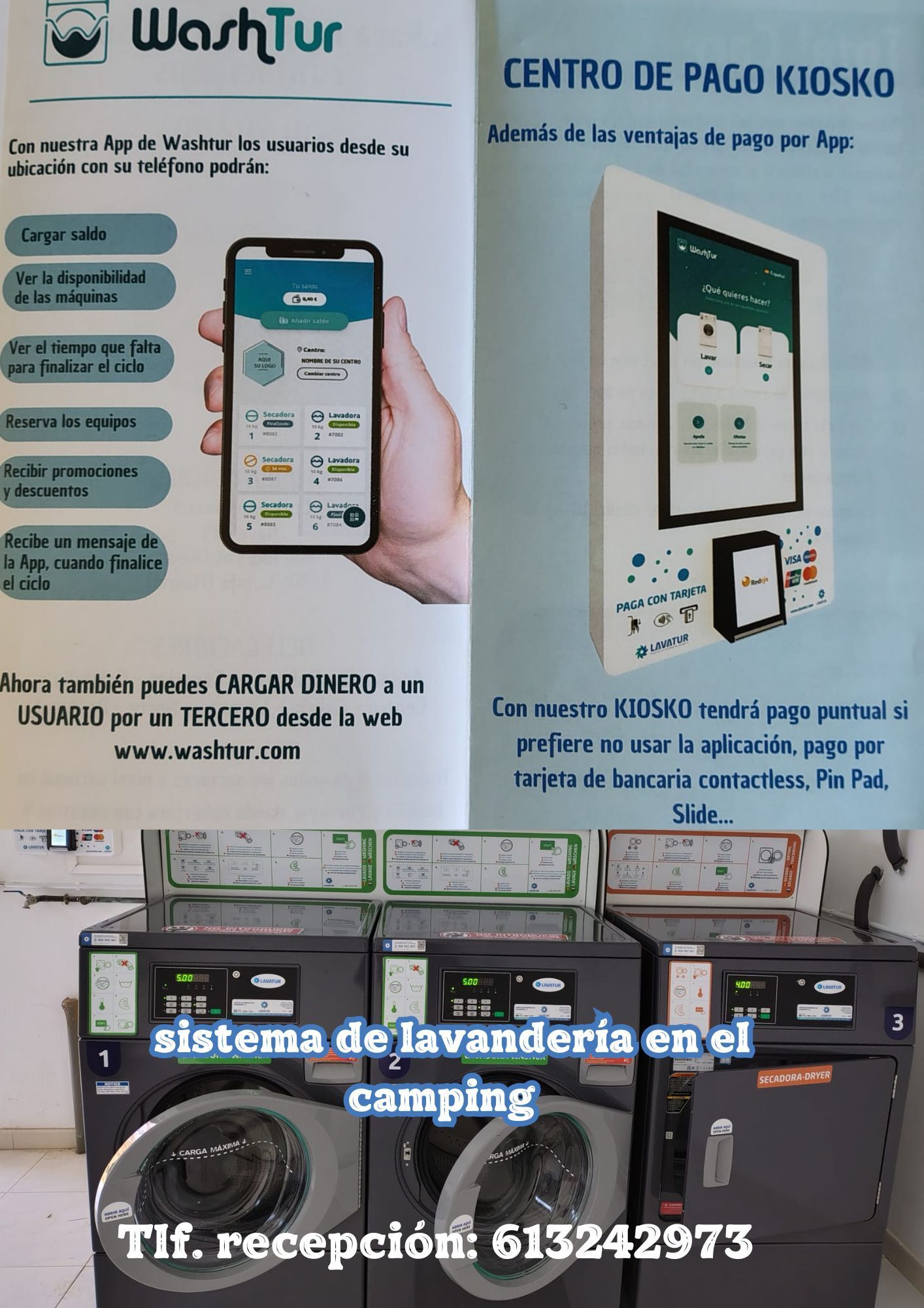 Anuncio de servicio de lavandería con precios: Lavadora grande (4 €) y lavadora pequeña (3 €). Requiere productos de limpieza del cliente.