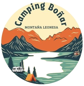 Un logotipo para el camping de Boar con una tienda de campaña y árboles.