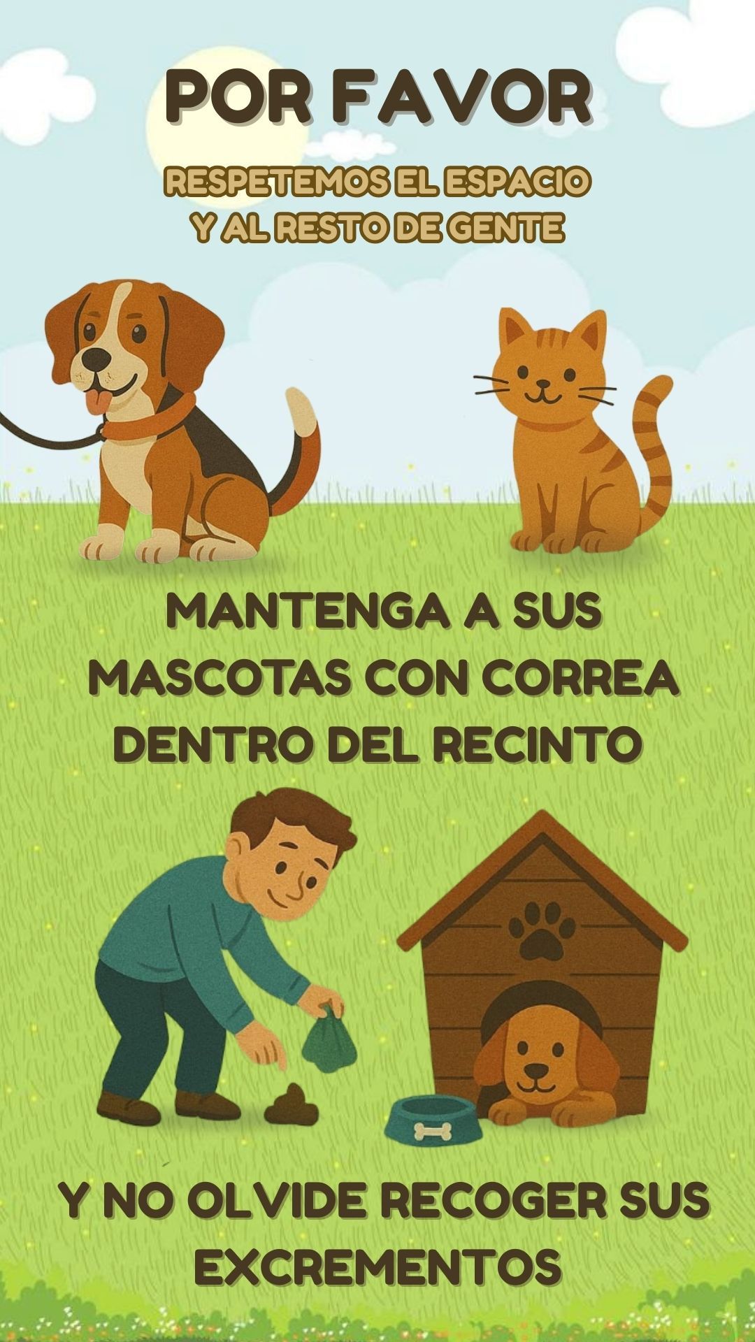 Letrero sobre etiqueta para mascotas: perro con correa, gato, persona recogiendo heces, caseta de perro, campo verde.