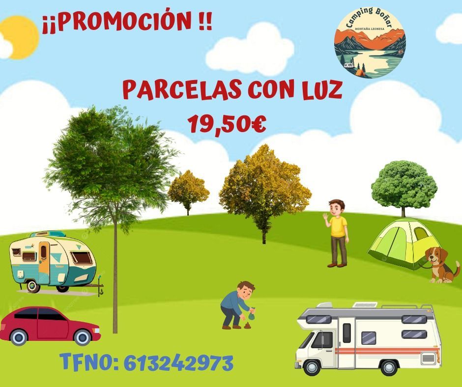 Gráfica promocional para camping con parcelas por 19,50€, con caravana, autocaravana y personas, tiempo soleado.