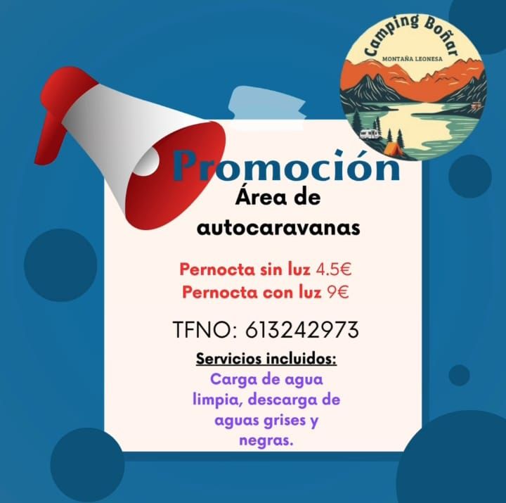 Promoción de área de autocaravanas en el Camping Boñar. Ofrece pernoctaciones con o sin electricidad y agua.