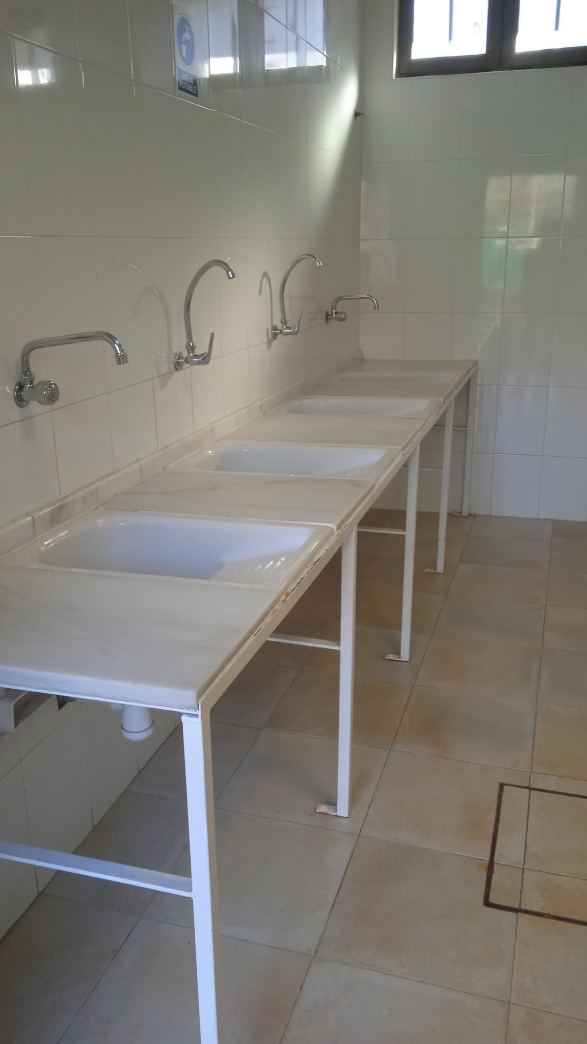 Fila de lavabos blancos con grifos cromados en una habitación alicatada.