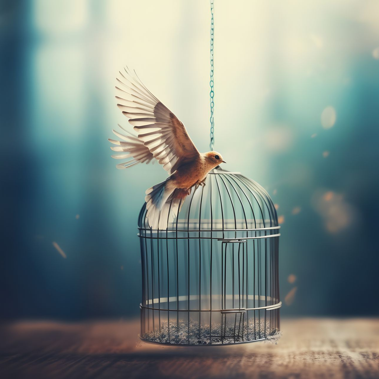 Oiseau aux ailes déployées perché sur une cage ouverte dans une pièce à la lumière douce et tamisée