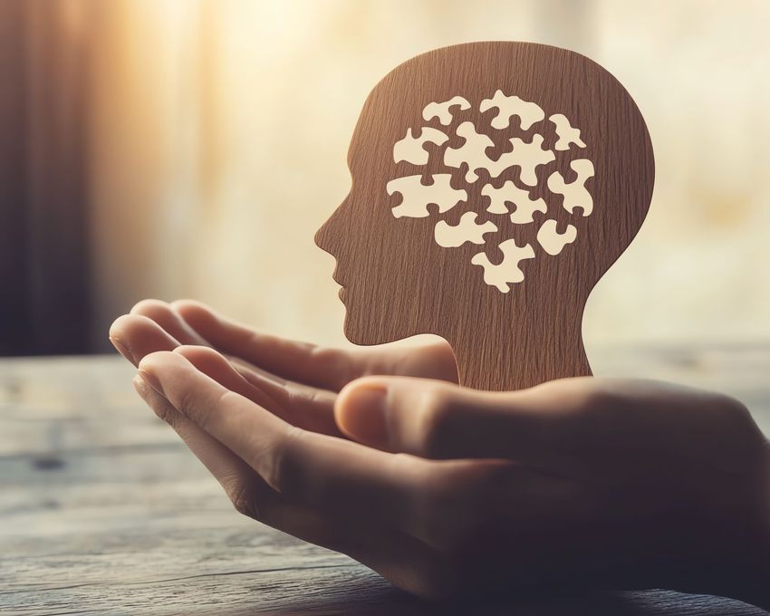 Des mains tenant la silhouette d'une tête en bois composée de pièces de puzzle, symbolisant le soutien à la santé mentale ou à la mémoire.
