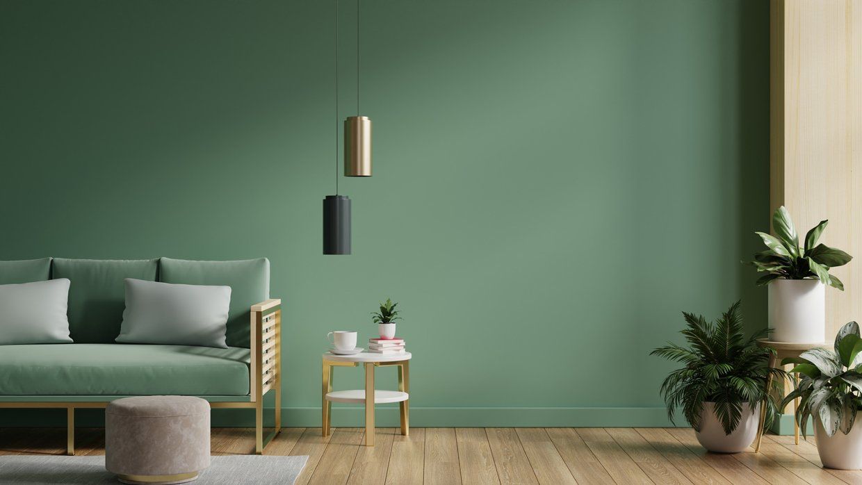 Salon meublé avec les murs vert d'eau