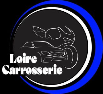 Logo de la Carrosserie de la Loire avec texte blanc, contour de voiture et anneau circulaire bleu sur fond noir
