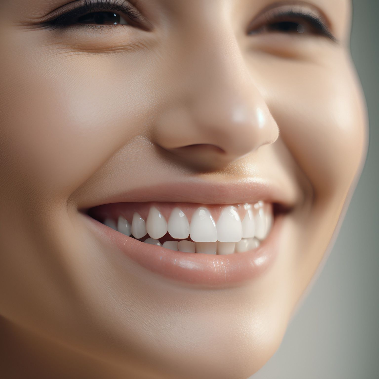Un primer plano del rostro de una mujer con dientes blancos sonriendo.