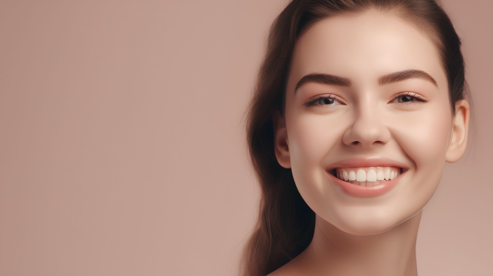 Un primer plano del rostro de una mujer sonriendo sobre un fondo rosa.