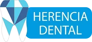 Un logotipo azul y blanco para Herencia Dental.