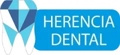 Un logotipo azul y blanco para Herencia Dental.