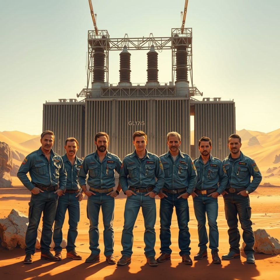 KI Bild, Team vor Stromanlage in Wüste