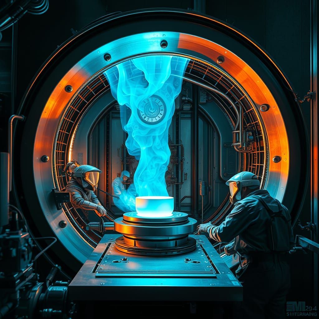 KI Bild, Personen in Schutzanzügen arbeiten an Metallteil