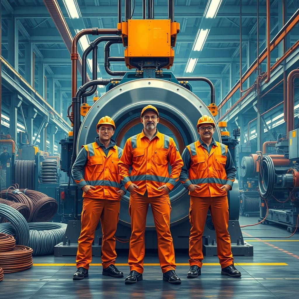 KI Bild, Team mit Sicherheitskleidung in Industrieanlage