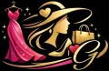 Logotipo dorado y rosa con silueta de mujer con sombrero, vestido, bolsa de compras, zapato y la letra "G".