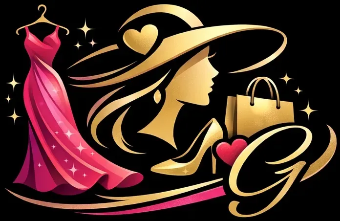 Logotipo dorado y rosa con silueta de mujer con sombrero, vestido, bolsa de compras, zapato y la letra "G".