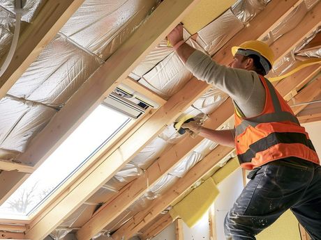 Ouvrier travaillant à l'isolation intérieure des combles
