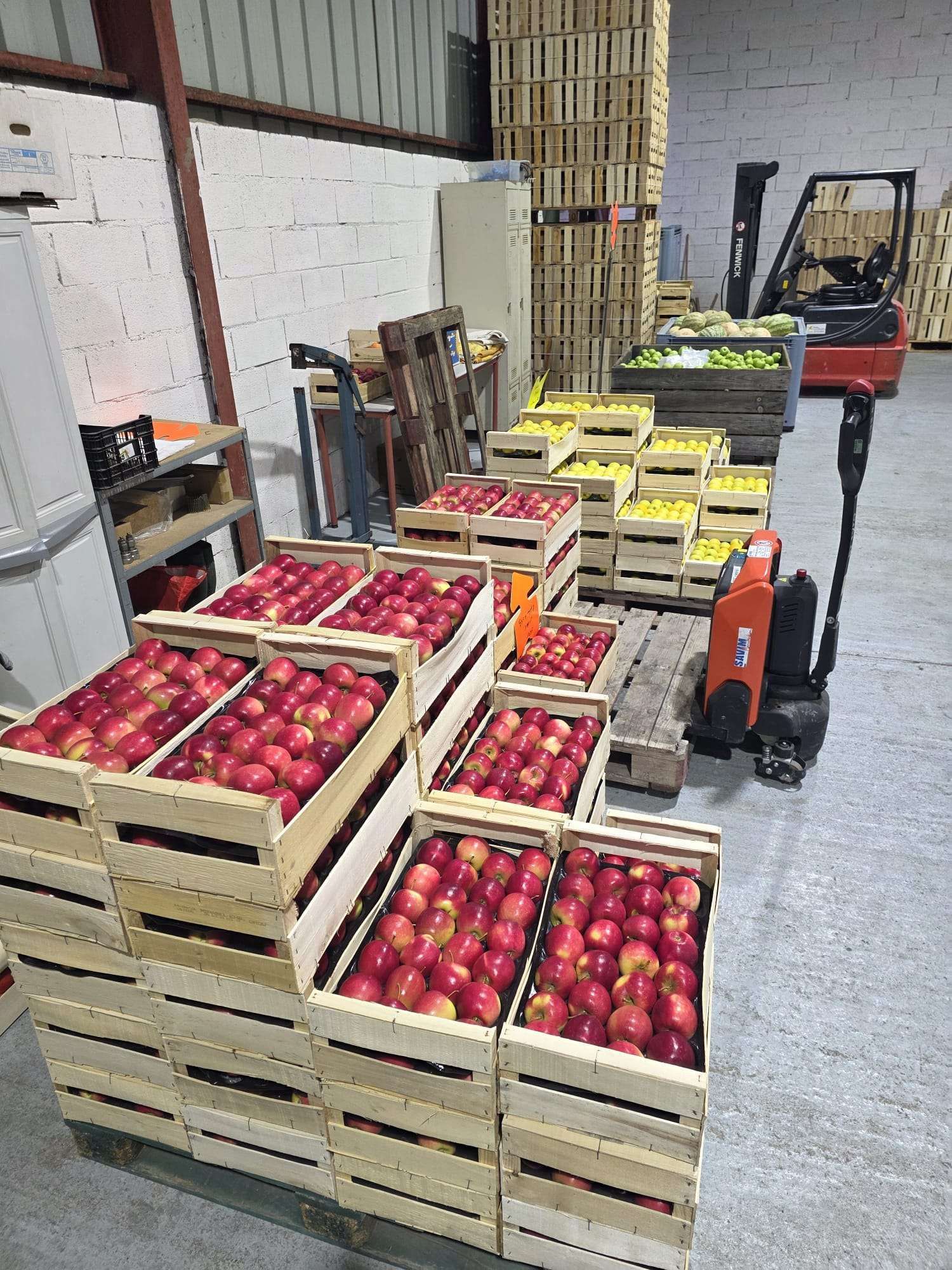 Des caisses de pommes rouges et jaunes empilées dans un entrepôt, à côté d’un chariot élévateur et d’un transpalette.