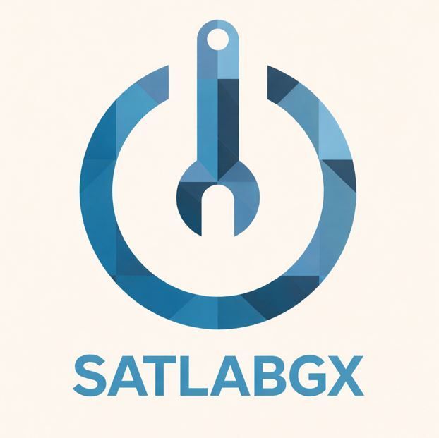 Logotipo azul: llave inglesa dentro de un bot&oacute;n de encendido, texto "SATLABGX" debajo.