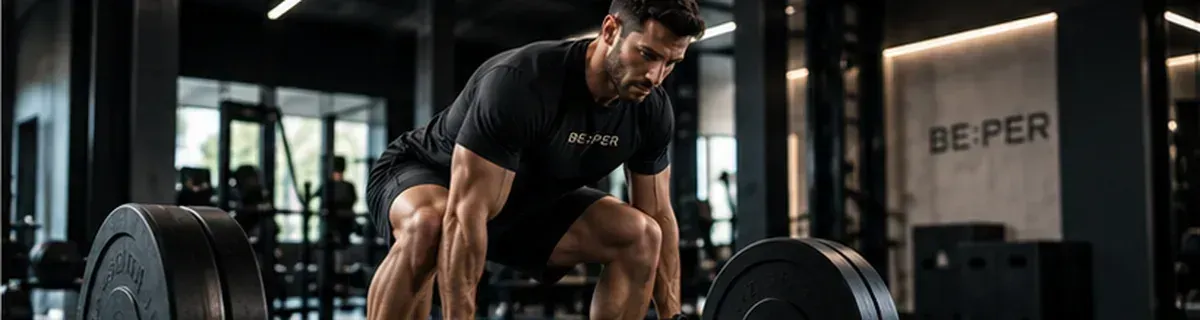 Mancuernas negras sobre un suelo oscuro de gimnasio, con más pesas borrosas al fondo.