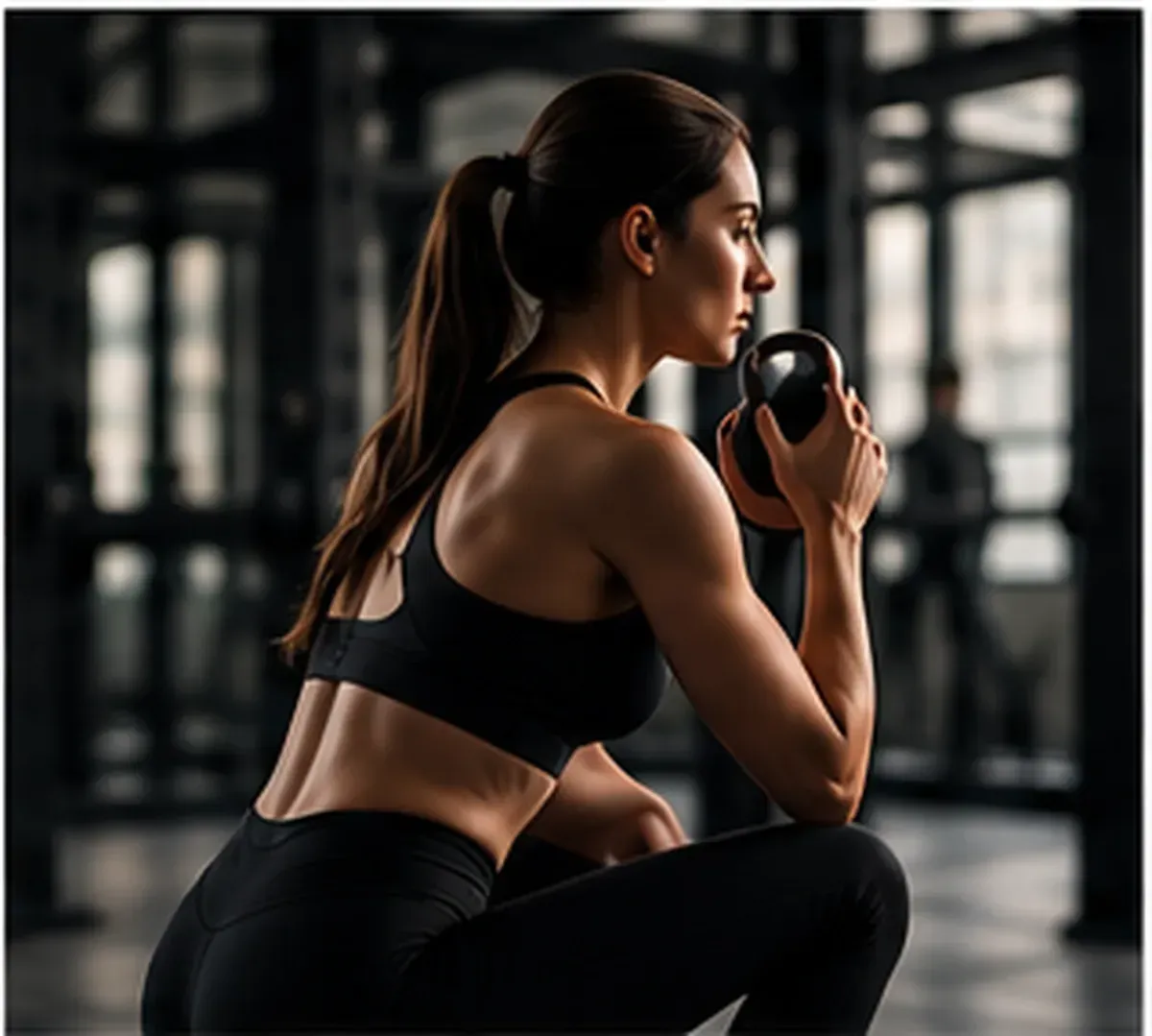 Foto en blanco y negro de una persona realizando una zancada con un brazo extendido por encima de la cabeza en un gimnasio.