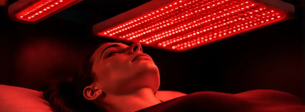 Persona tumbada bajo paneles de terapia de luz roja, con los ojos cerrados en una habitación oscura.