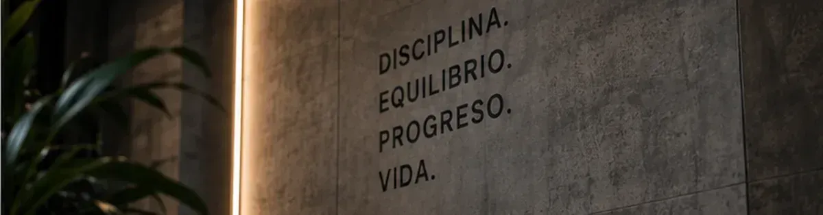 Muro de hormigón tenuemente iluminado con las palabras “Disciplina, equilibrio, progreso, vida”.