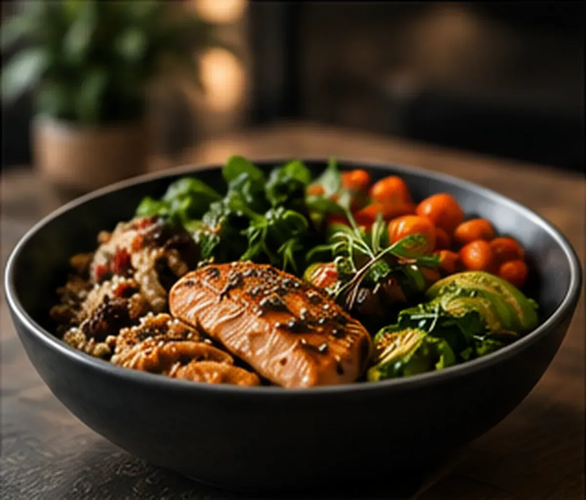 Bol de salmón a la parrilla con verduras, vegetales asados ​​y cereales sobre una mesa oscura.