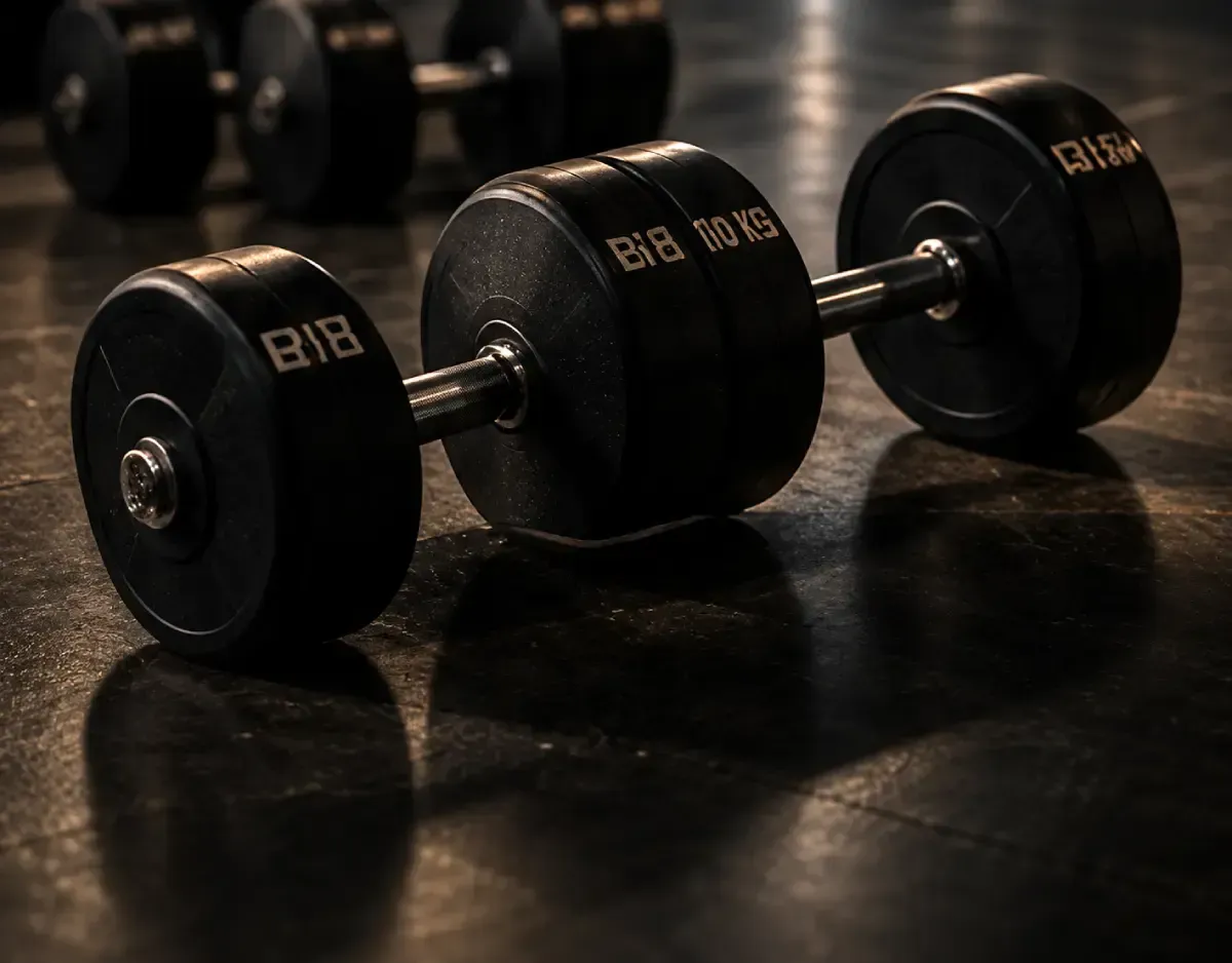 Mancuernas negras sobre un suelo oscuro de gimnasio, con más pesas borrosas al fondo.