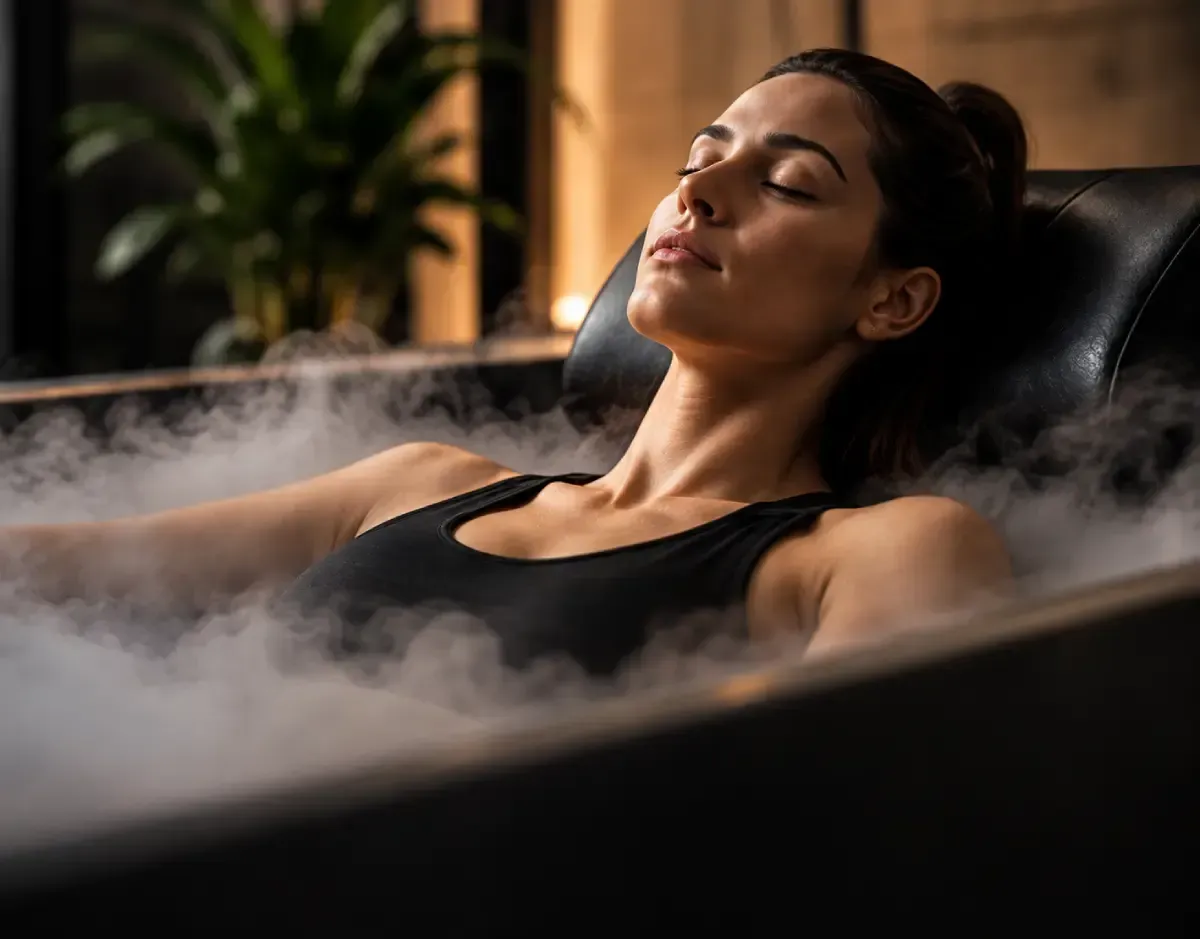 Mujer relajándose en una bañera de agua caliente, con los ojos cerrados, en un ambiente de spa con luz tenue.