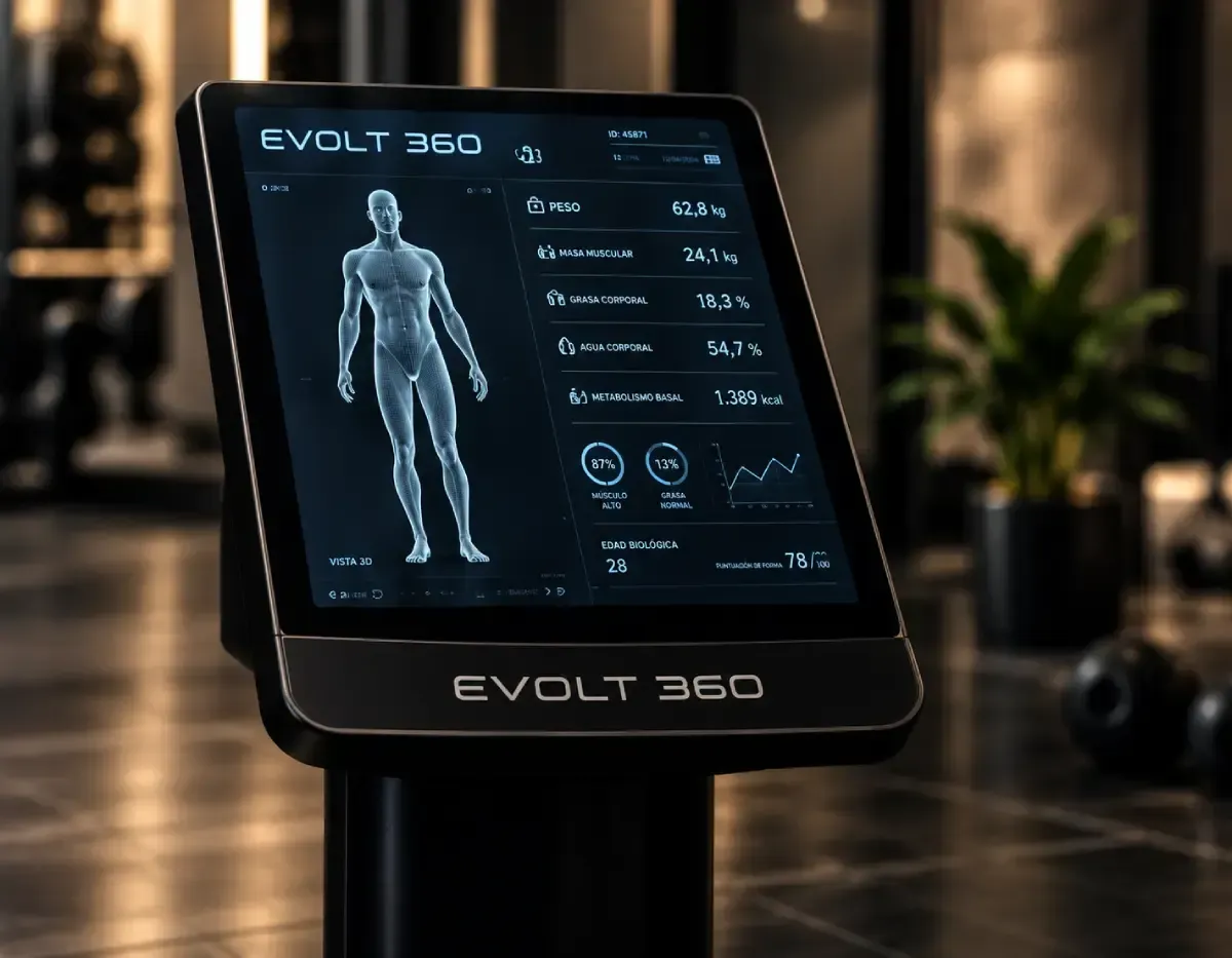Quiosco futurista de escáner corporal con silueta humana luminosa y pantalla de datos en un elegante vestíbulo.