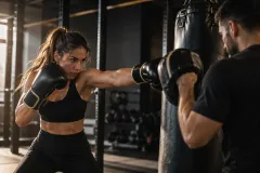 Un boxeador con guantes negros y camiseta sin mangas en un gimnasio con poca luz, manteniendo una postura de combate