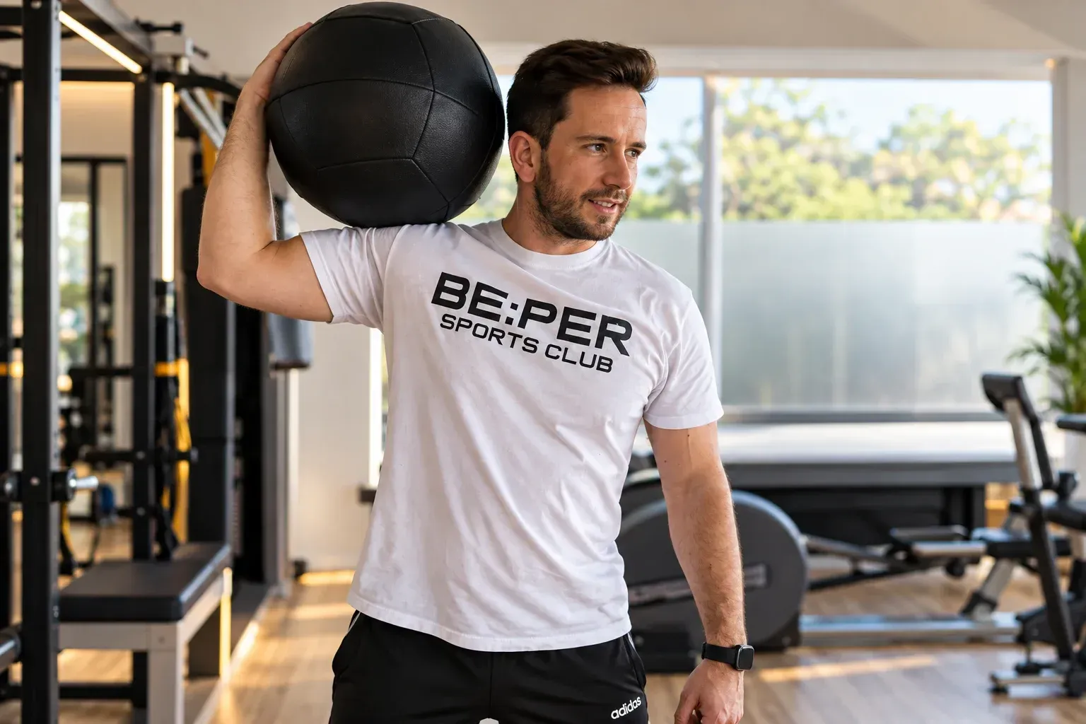 Un hombre con una camiseta blanca sostiene una gran pelota de ejercicio sobre su hombro en un gimnasio.