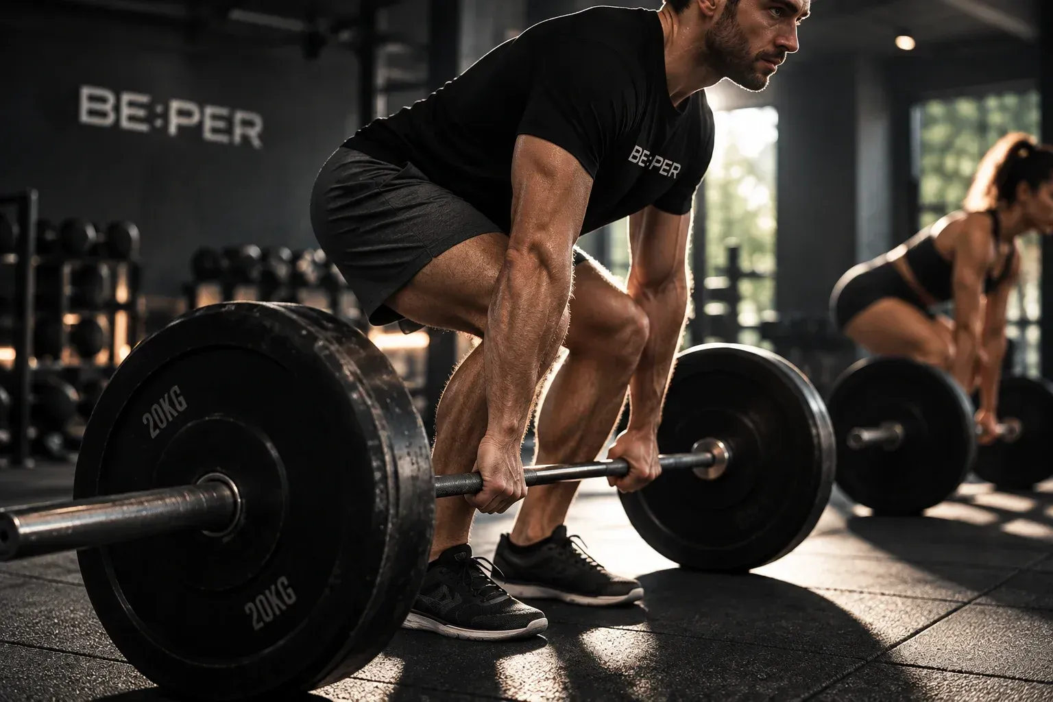 Fotografía en blanco y negro de una persona preparándose para levantar una barra en un gimnasio.