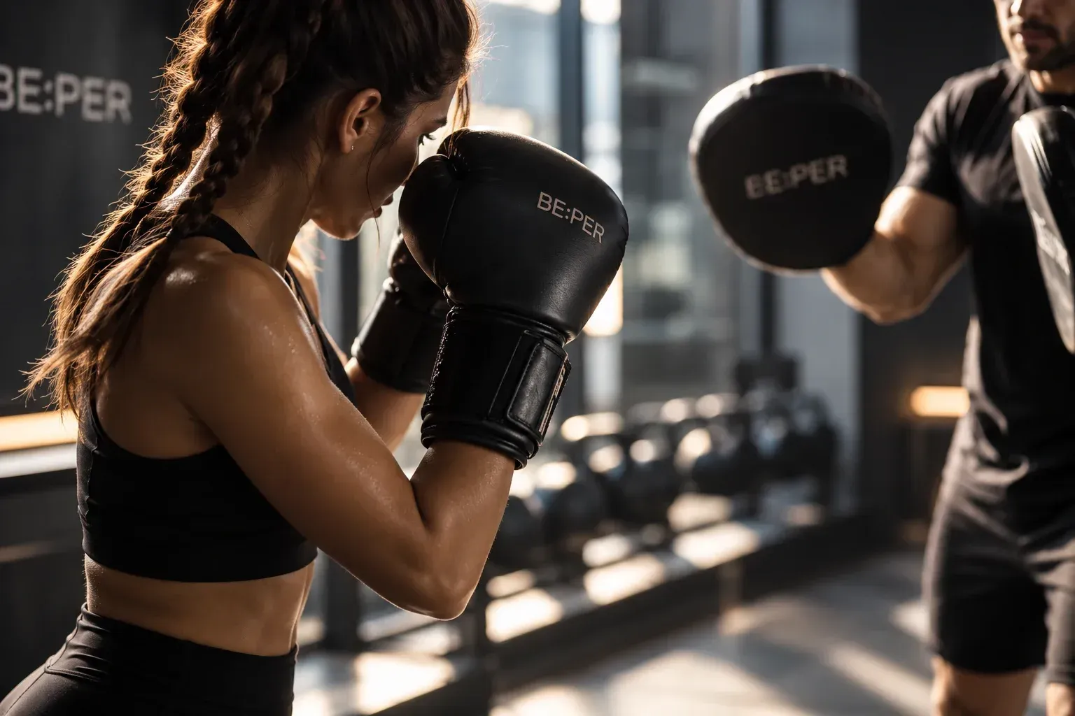 Persona con guantes de boxeo entrenando en un gimnasio, vista en blanco y negro.