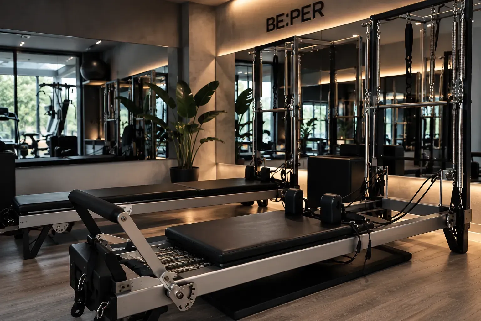 Fotografía en blanco y negro de un estudio de Pilates con máquinas reformer y espejos.