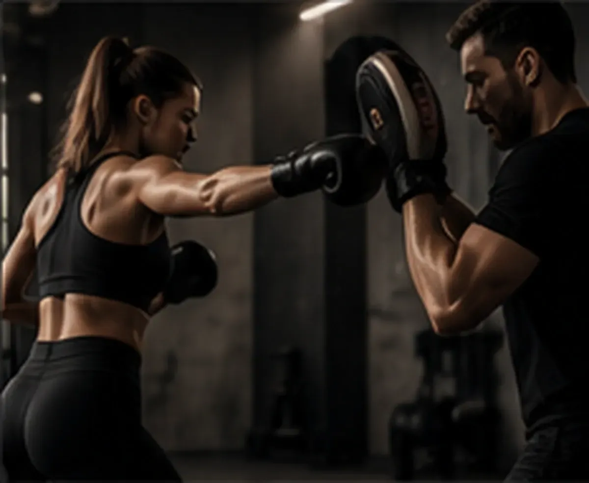Sesión de entrenamiento de boxeo: una mujer vestida de negro golpeando los guantes de entrenamiento