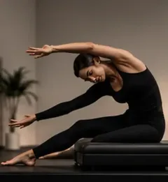 Una persona con ropa deportiva negra se estira de lado sobre una esterilla de yoga en un estudio.