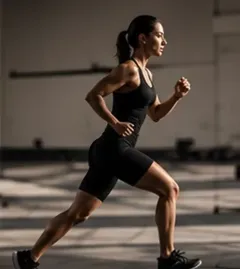 Mujer corriendo en interiores con ropa deportiva negra, a mitad de la zancada en un gimnasio.