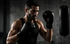 Un boxeador con guantes negros y camiseta sin mangas en un gimnasio con poca luz, manteniendo una postura de combate